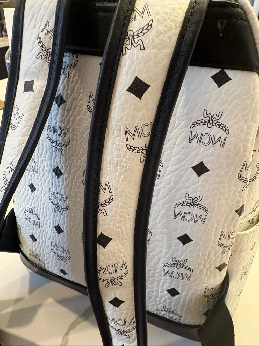 MCM White Logo Print Stark Backpack with Black Accents